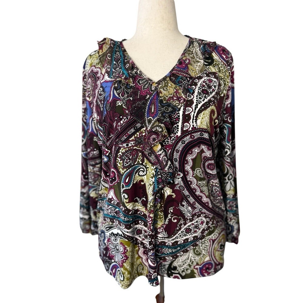Chico's Paisley Blouse Shirt Pull Over Ruffle Size XL (3) Purple Fall Stretch
